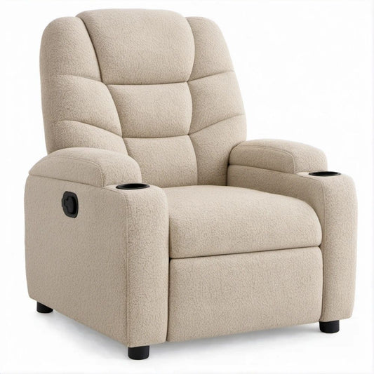 Poltrona reclinabile manuale beige in poliestere bouclé con 2 portabicchieri, 90 x 92 x 102 cm